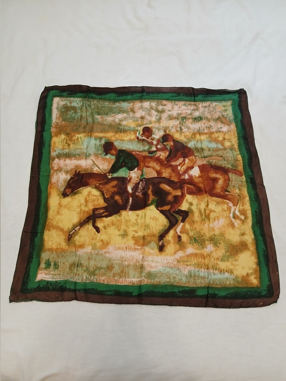 Vintage Horse Racing Silk Scarf - Green and Brown hand rolled edges - Picture 2 of 6